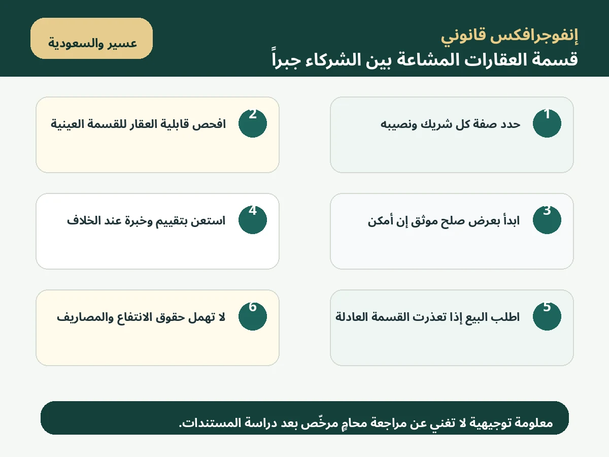إنفوجرافكس قسمة العقارات المشاعة بين الشركاء جبراً