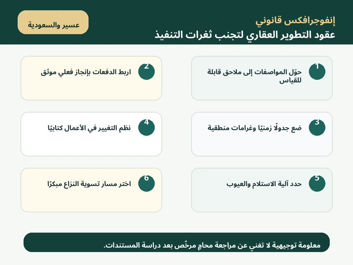 إنفوجرافكس عقود التطوير العقاري لتجنب ثغرات التنفيذ