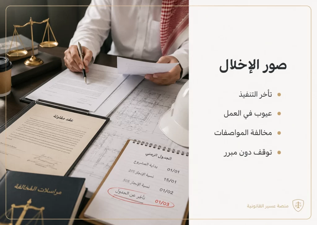 صورة واقعية تعرض صور إخلال المقاول بالعقد في مشروع عقاري سعودي