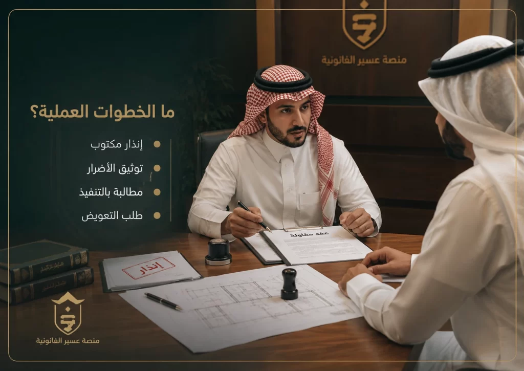 صورة قانونية توضح الخطوات العملية للمطالبة بحقوق صاحب المشروع عند إخلال المقاول