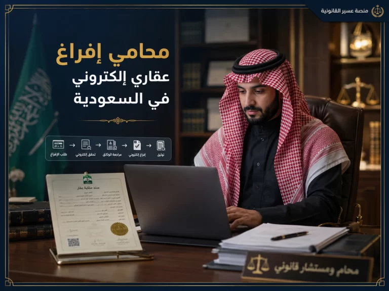 محام سعودي يراجع إجراء الإفراغ العقاري الإلكتروني في مكتب قانوني حديث