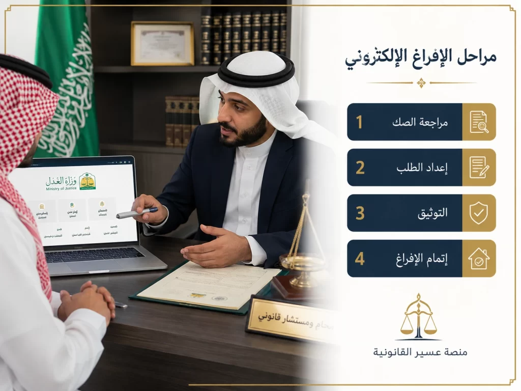 صورة واقعية توضح مراحل الإفراغ الإلكتروني والمستندات اللازمة في السعودية