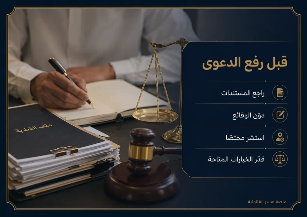 مراجعة المستندات والوقائع والخيارات المتاحة قبل رفع الدعوى في السعودية