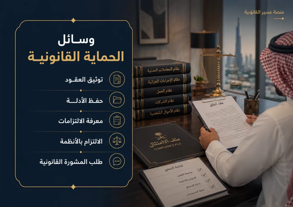 وسائل الحماية القانونية في السعودية مثل توثيق العقود وحفظ الأدلة ومعرفة الالتزامات