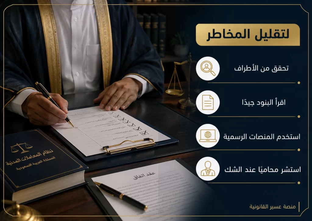 خطوات تقليل المخاطر القانونية عبر التحقق من الأطراف وقراءة البنود واستخدام المنصات الرسمية