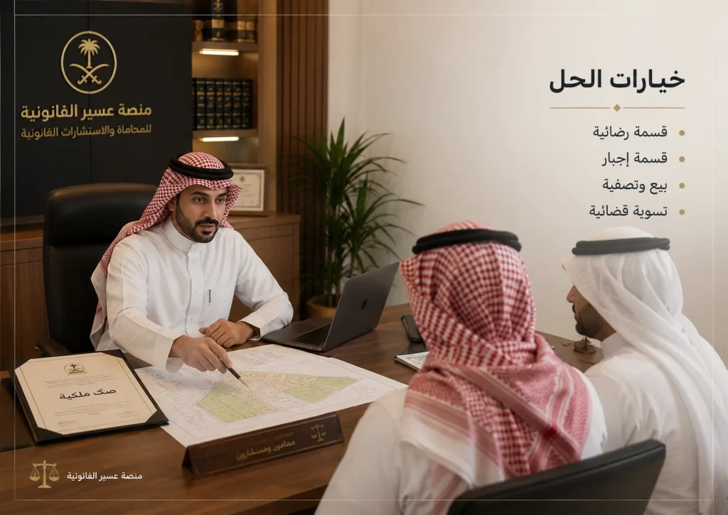 صورة قانونية توضح خيارات الحل وقسمة العقار بين الشركاء في السعودية