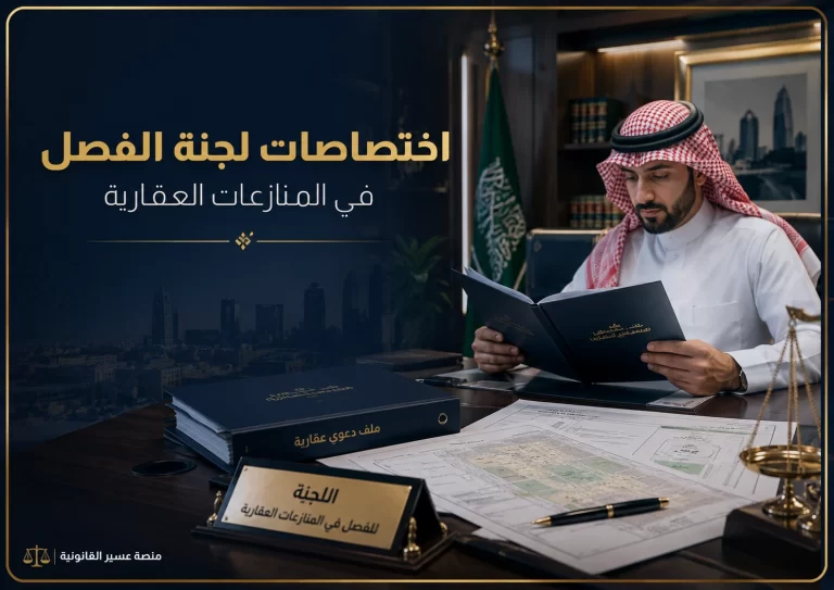 مشهد قانوني سعودي يوضح اختصاصات لجنة الفصل في المنازعات العقارية