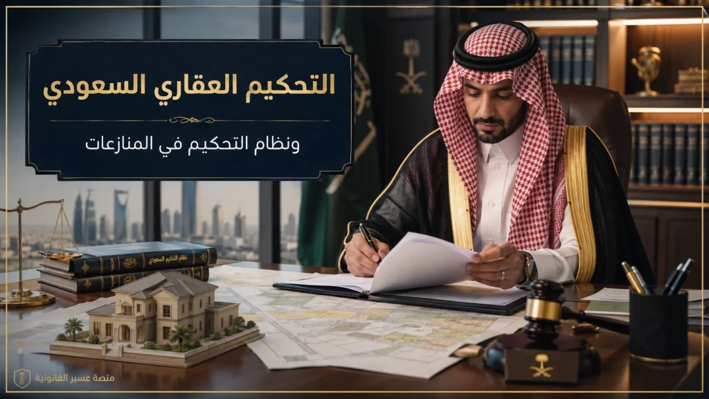محكم سعودي يراجع ملف تحكيم عقاري في مكتب قانوني فاخر