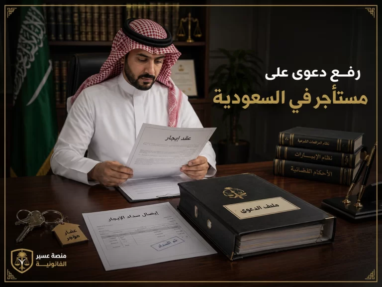 مشهد قانوني سعودي يوضح رفع دعوى على مستأجر مع عقد إيجار وملف دعوى