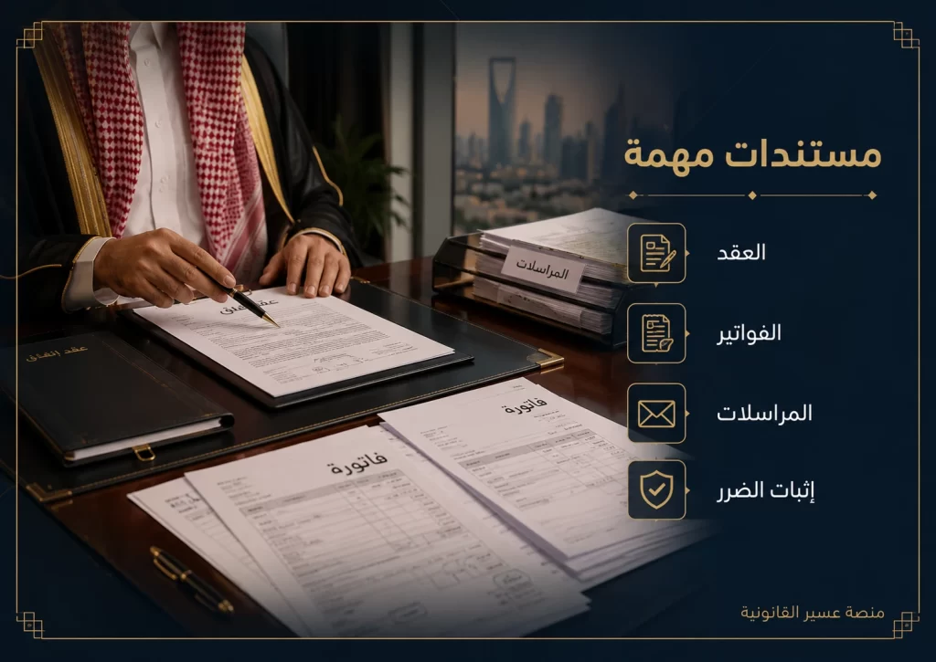 المستندات المهمة في القضايا التجارية من عقود وفواتير ومراسلات وإثبات الضرر