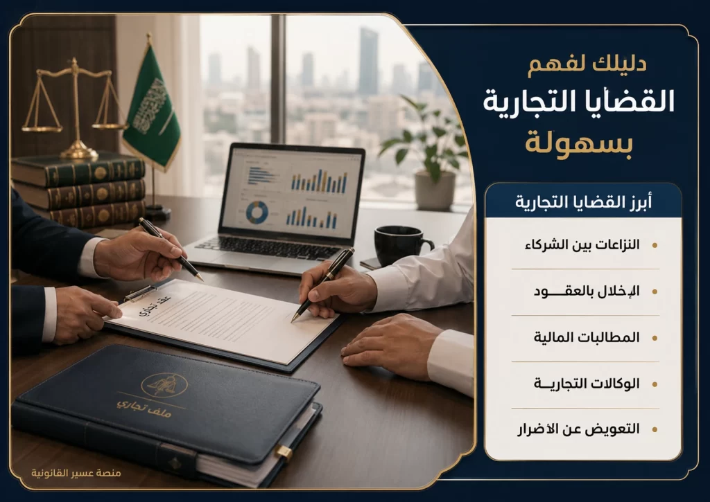 أنواع القضايا التجارية في السعودية مثل نزاعات الشركاء والعقود والمطالبات المالية