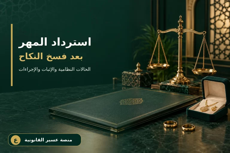 غلاف يوضح استرداد المهر بعد فسخ النكاح في السعودية بميزان وعقد زواج وحلي ذهبية