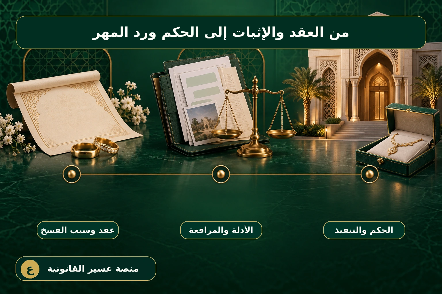 مخطط بصري لمسار استرداد المهر من عقد الزواج والأدلة إلى الحكم والتنفيذ
