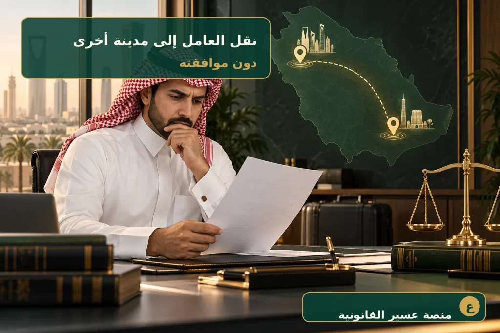 موظف سعودي يراجع قرار نقله إلى مدينة أخرى مع خريطة للمملكة وميزان العدالة